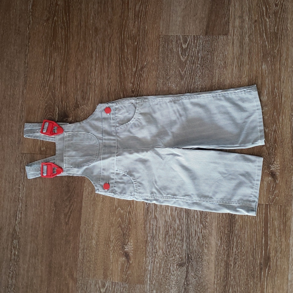 Vintage Sears Striped Engineer Overalls with Red Accents, Approx 9-12M 20lbs